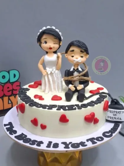 We don't do naughty cakes, but our bachelorette and bridal shower cakes are irresistibly cute! This design features a winking bride and a tied-up groom, a playful take on tying the knot.