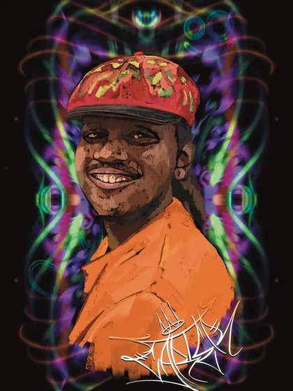 A custom digital portrait where I blend my graffiti style with a psychedelic vibe. I used a vibrant color palette and a dynamic background to capture the subject's energy, finishing it with my signature calligraphic tag. This is how I create one of a kind portraits.