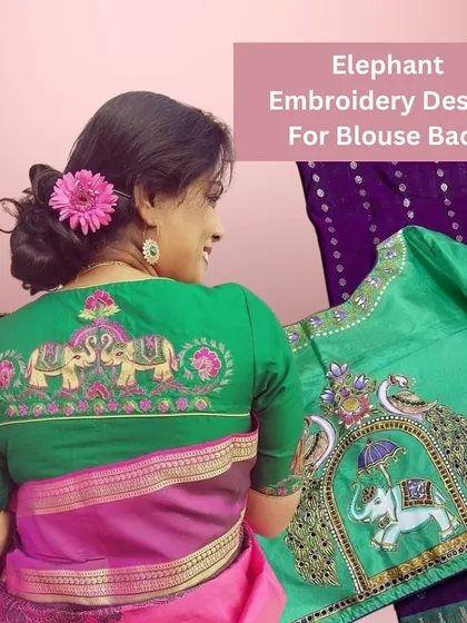 A must-have blouse for the shaadi season: a beautiful green blouse with intricate elephant embroidery on the back.