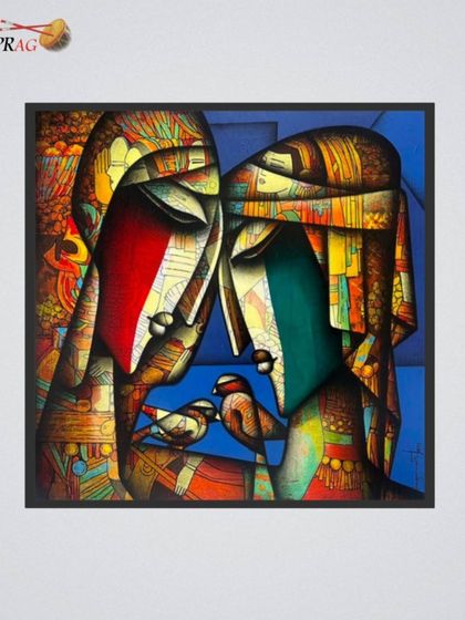 Another of Jagannath Paul's figurative works, where two figures share a tender moment with birds, symbolizing a gentle and harmonious connection.