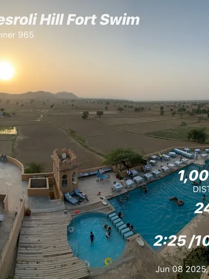 Enjoying activities on the go. A sunrise swim at Kesroli Hill Fort, showing that you can stick to your training plan even while traveling.