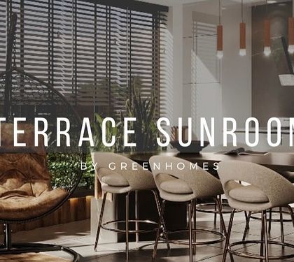 A graphic highlighting the "Terrace Sunroom" concept, focusing on the comfortable swing chair and bar seating surrounded by greenery.