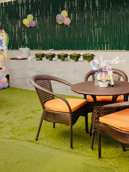 Themed table setup and buffet area for the My Little Pony celebration.