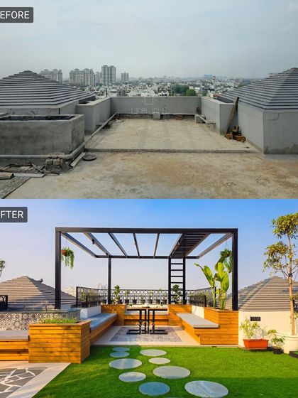 From a vast, empty rooftop with a city view to a structured and stylish oasis. We installed a large pergola with built-in wooden seating, a lush lawn with stone steppers, and planters to frame the space.