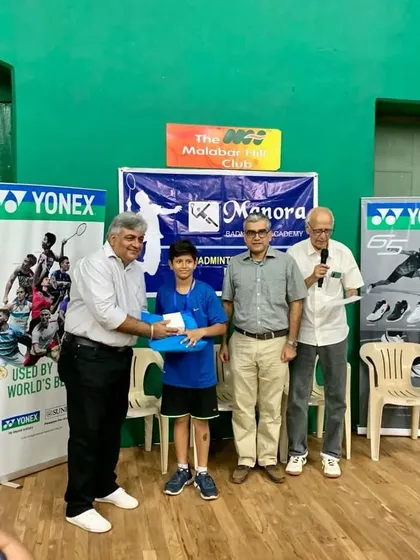 Our young champion Aditya Verma receiving his runner-up prize in the U-13 boys singles category at the Manora Badminton Academy Tournament.