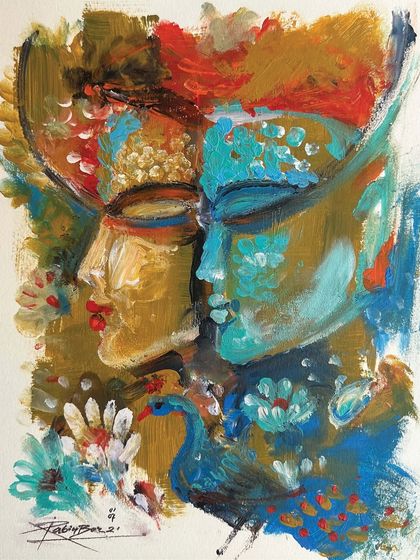 An untitled acrylic on paper painting showing two faces in a colorful, abstract style, with a peacock detail.