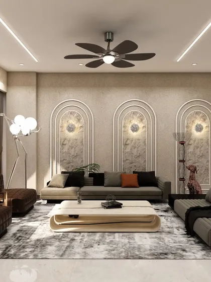 This living room 3D render features a mix of textures, from the rough stone accent wall to the plush sofas and sleek coffee table, creating a sophisticated and tactile environment.