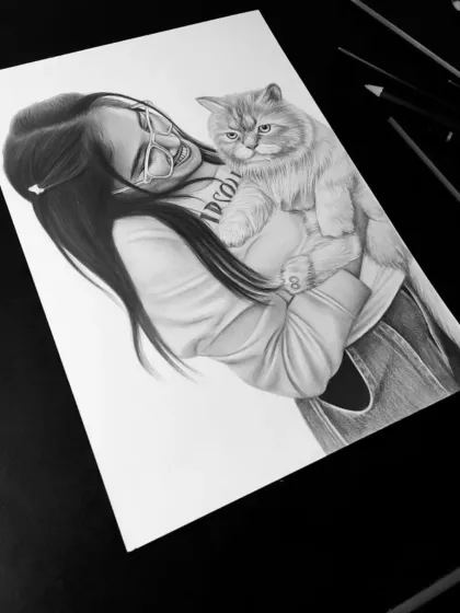 Pets are family too. I also create realistic pet portraits, capturing the unique personality of your furry friends. This was a special commission piece featuring a client with her beloved cat.