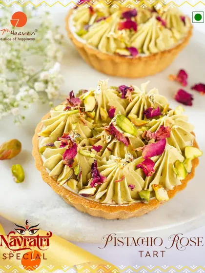 A divine blend of flavors for Navratri. Our Pistachio Rose Tart features a creamy pistachio filling in a buttery tart shell, garnished with delicate rose petals.