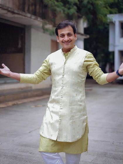 The full look for Sankarshan Karhade, showcasing a classic Indian menswear combination perfect for hosting.