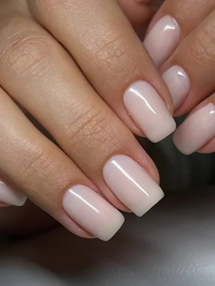 A beautiful example of a sheer nude overlay on square-shaped nails. This enhances the natural nail, providing strength and a polished finish.