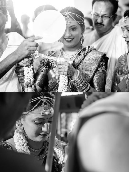A black and white collage capturing the bride's expressions during the ceremony.