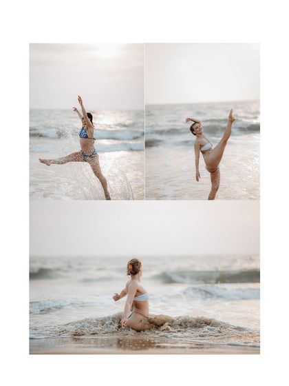 A series of shots from a beach photoshoot, showing a mix of action and contemplative poses. This demonstrates the narrative range I can achieve in one location.