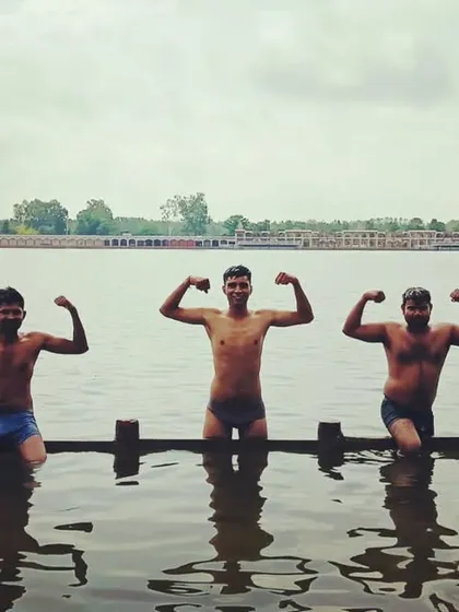 Building strength is not just about the gym. Here, my students and I are taking a dip after a hard workout, a traditional way to recover and build resilience.