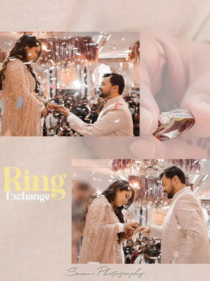 An album page detailing the ring exchange, with close-ups and wide shots of the special moment.