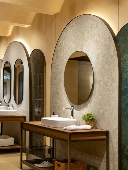 Detail is everything in luxury design. These arched mirrors and minimalist vanities at the Grohe showroom showcase my focus on clean lines, material harmony, and creating elegant, functional displays.