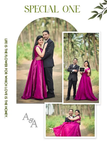 A pre-wedding collage featuring a couple in elegant attire in a lush, green pathway, showcasing a save-the-date sign and romantic poses.