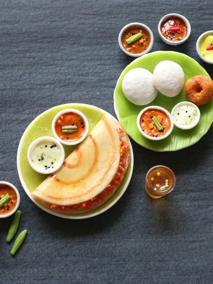A close-up of a dosa and idli-vada platter, two of my most popular South Indian miniatures.