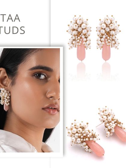 Our Fitaa Studs feature a cluster of pearls with a beautiful pink drop stone, adding a touch of elegance to your look.