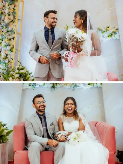 A collage showing the couple's happy interactions during their reception, from formal portraits to candid laughter.