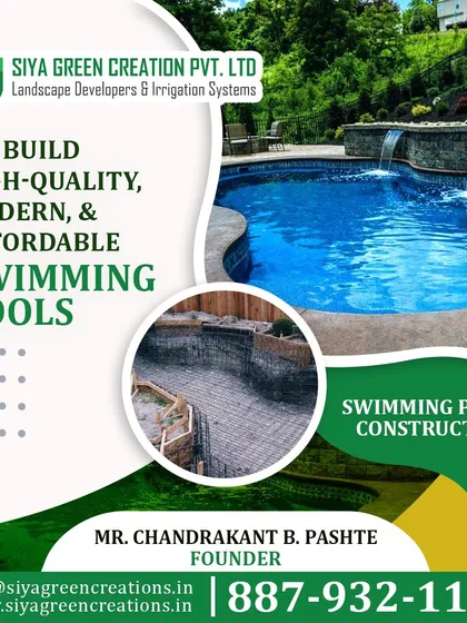 I build high-quality, modern, and affordable swimming pools. This design with a sheer descent waterfall feature shows how you can get a luxurious look. The inset image shows the solid block work that forms the foundation.