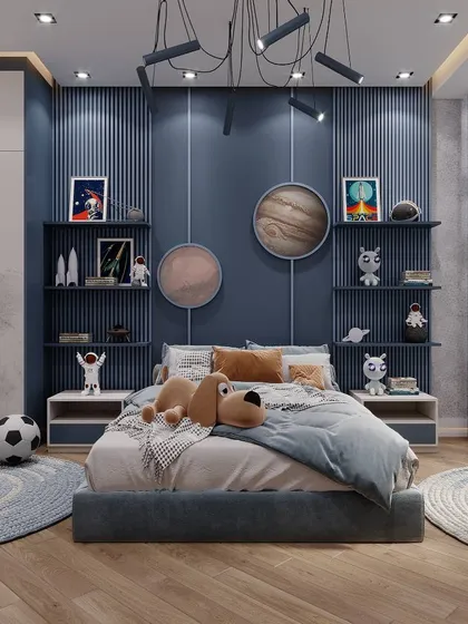 For this boy's bedroom, I created a playful space-themed room that fuels imagination. The design includes custom shelving for toys and books, planet-themed wall decor, and a cozy bed, making it a fun and functional space for a child to grow in.