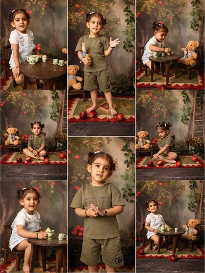 A collage from a 3-year-old's birthday shoot, featuring a whimsical tea party with teddy bears and an apple-themed setup.