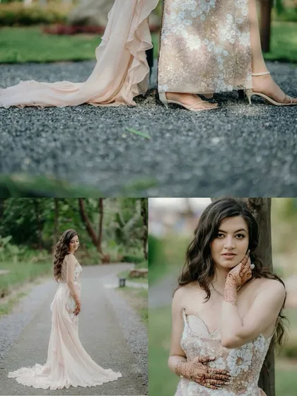 A collage highlighting the bride's stunning look for the pool party. Her elegant gown with a flowing train is captured from different angles, along with close-ups of her beautiful makeup and henna.