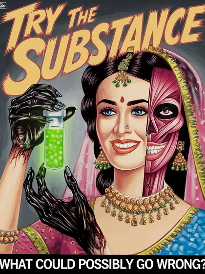 A pulp-horror style ad for 'The Substance', with a woman's face peeling away to reveal the muscle underneath. This is a more graphic and shocking take on the concept.