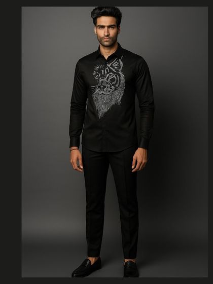A full-length view of the black shirt with the hand-embroidered lion. Paired with black trousers, it creates a powerful, monochrome look that is both elegant and fierce.