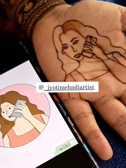 A fun and modern take on portrait mehndi. This design was based on a cartoon image provided by the client, showing that I can create custom figures from your inspiration.