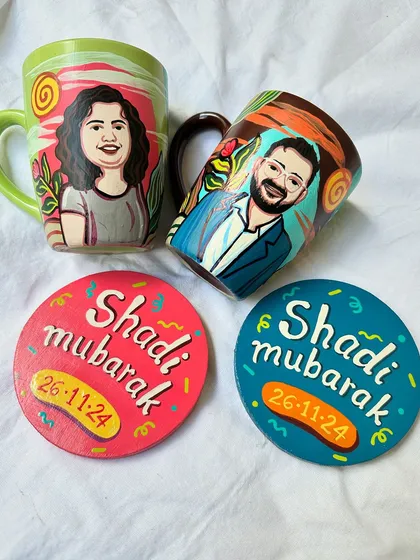 Cute wedding gift ideas. This set includes personalized 'his and hers' mugs and matching 'Shaadi Mubarak' coasters with the wedding date.