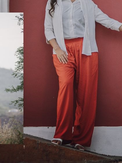 A stylish collage showcasing the couple's coordinated outfits against rustic and natural backdrops.