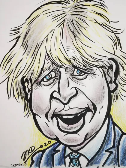A caricature of British PM Boris Johnson, drawn when he tested positive for the coronavirus. I wished him a speedy recovery through my art.