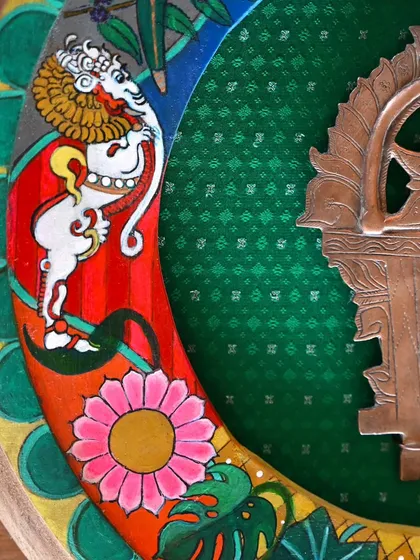 A detailed shot of the Buddha frame, focusing on the beautifully rendered mythical mount. This piece blends traditional iconography with my artistic interpretation, all within a restored vintage clock frame.