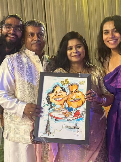 A beautiful family celebrating a 25th anniversary with a personalized caricature gift. It’s always an honor to be a part of such special milestone celebrations.