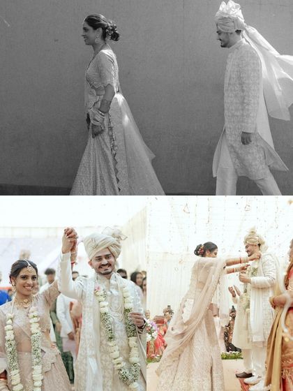A collage showing the couple's journey on their wedding day. From the stylish black and white walking shot to the joyful varmala, it tells a story of their union.