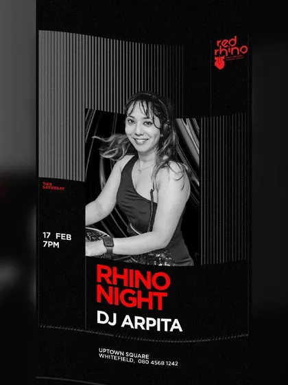 An event poster for 'Rhino Night' at Red Rhino in Whitefield. This shows the kind of branding and promotion you can expect when you book me for your venue.