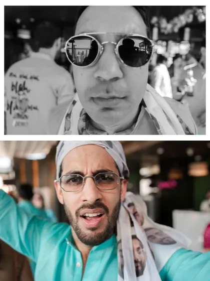 A collage of quirky, close-up portraits of the groomsmen in black and white, showcasing their fun personalities.