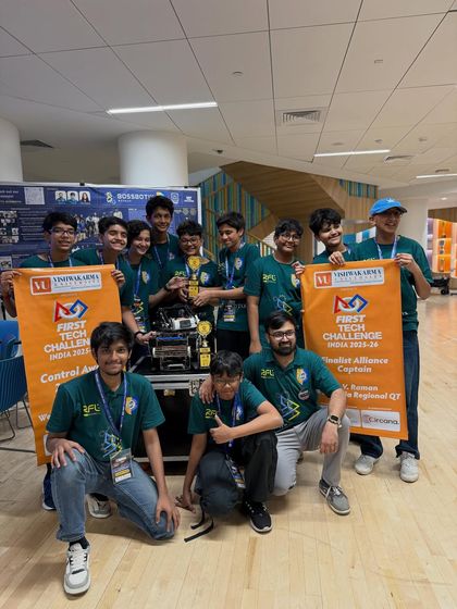 Team Boss Botix, our newest FTC team, celebrates winning the 2nd Place Control Award and the Finalist Alliance Captain Award at the regional championship.