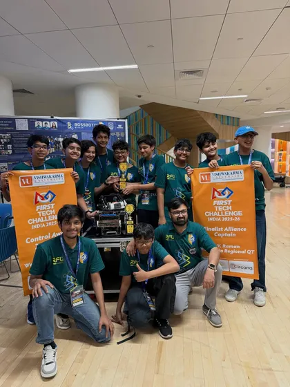 Team FTC Sigma 20890 with their 1st place Connect Award at the West India Regional. This award highlights their excellent outreach and communication skills, a key part of the FIRST philosophy.
