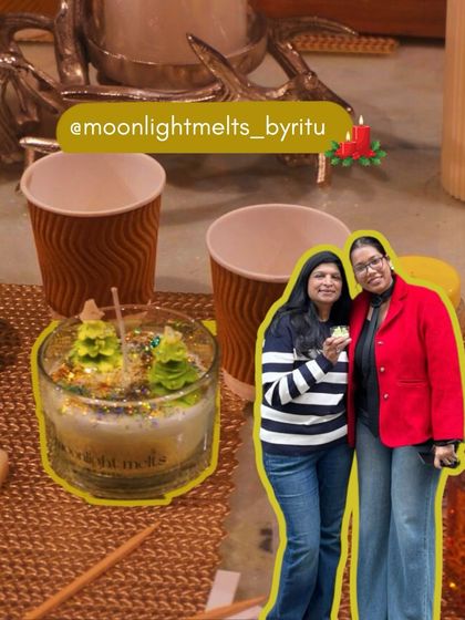 A happy moment captured with a participant from Moonlight Melts during our Christmas candle workshop. You can see the lovely layered green candle she created, complete with festive tree decorations on top. It’s always a joy to see what our attendees make.