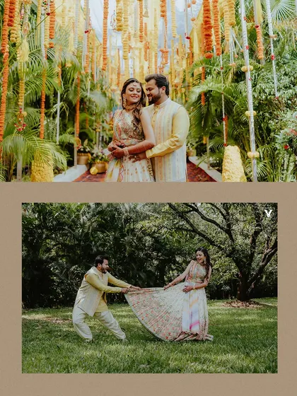 A collage showing a couple's playful and romantic moments during their Haldi celebration. The images capture their fun-loving dynamic and the vibrant, joyful atmosphere.