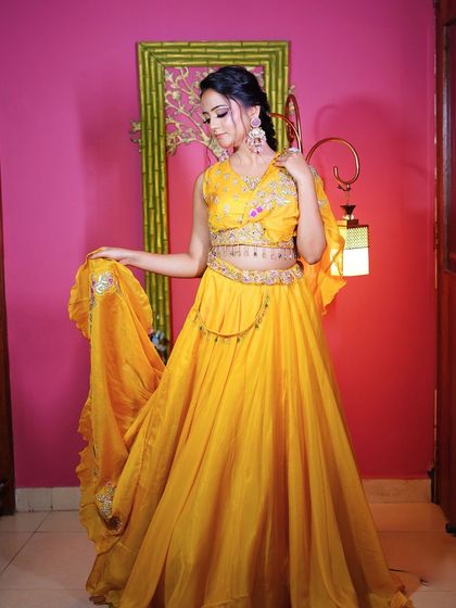 A full-length portrait that showcases the entire festive ensemble.