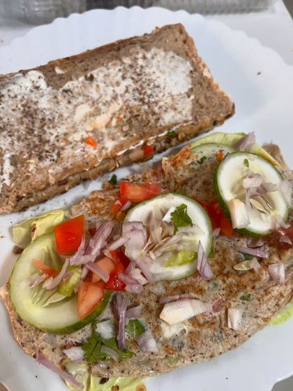 A look at my Sunday meal. This is a healthy sandwich with an omelette and fresh salad on multigrain bread, showing that even weekend meals can be balanced and delicious.