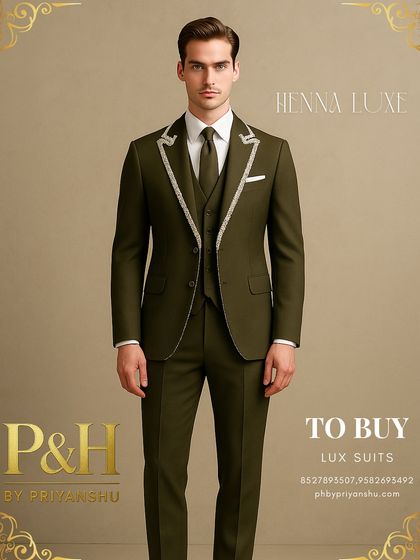 For a more formal Mehndi or Sangeet look, I offer this olive green three-piece suit. The classic tailoring is given a unique twist with delicate hand-embroidery lining the lapels.