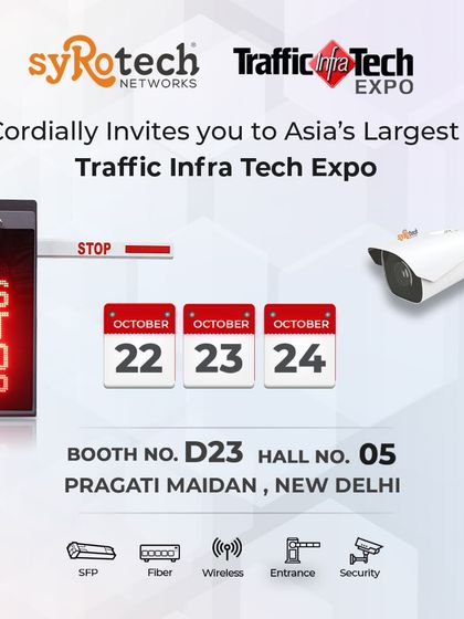 Our official invitation to the Traffic Infra Tech Expo at Pragati Maidan, New Delhi, showcasing our entrance and security products.