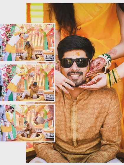A fun collage from the groom's Haldi ceremony. It captures the candid moments of the ritual, from friends applying turmeric paste to the groom's smiling reaction, showcasing the joyful chaos of the celebration.