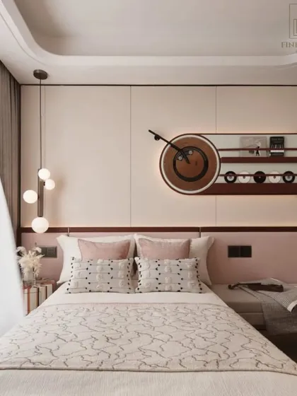 This wider view shows the bed, the unique wall art, and the built-in seating nook. The design is a perfect example of how we can create a personalized, theme-based interior that remains stylish and functional.