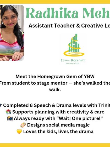 Meet Radhika Mehta, our Assistant Teacher and a homegrown gem. Having completed 8 levels of Speech & Drama with us as a student, she now mentors the next generation of performers.